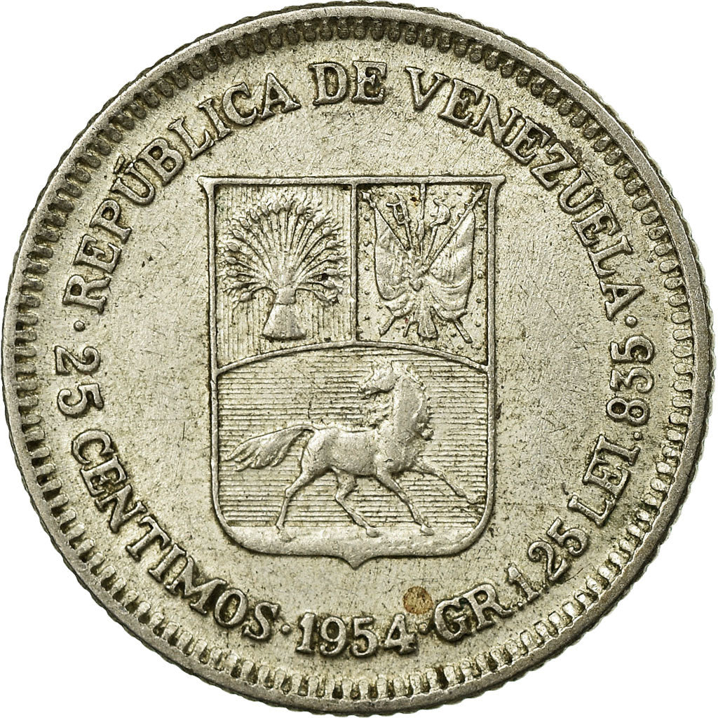 Coin, Venezuela, 25 Centimos, 1954, EF(40-45), Silver, KM:35
