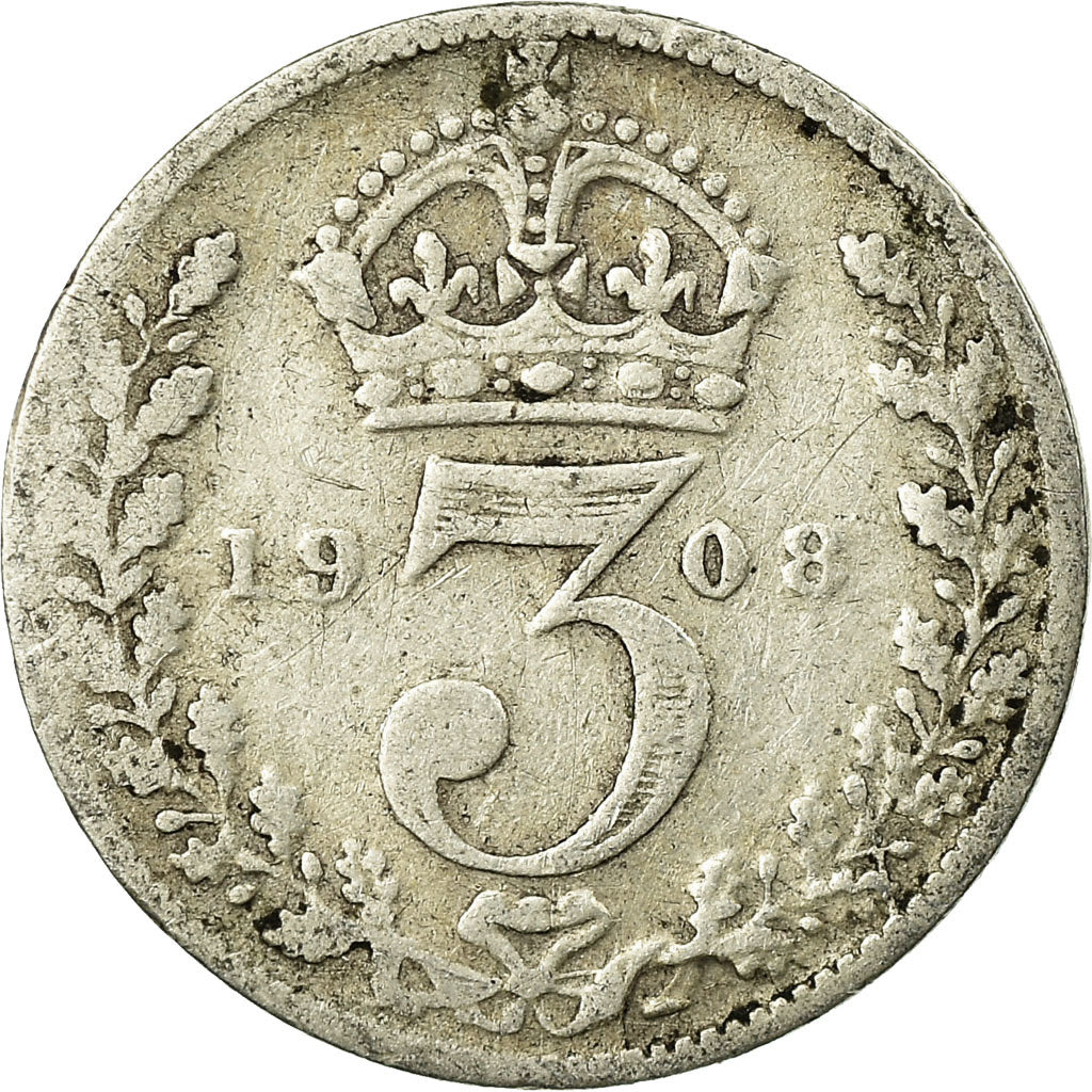 Coin, Great Britain, Edward VII, 3 Pence, 1908, VF(20-25), Silver, KM:797.2