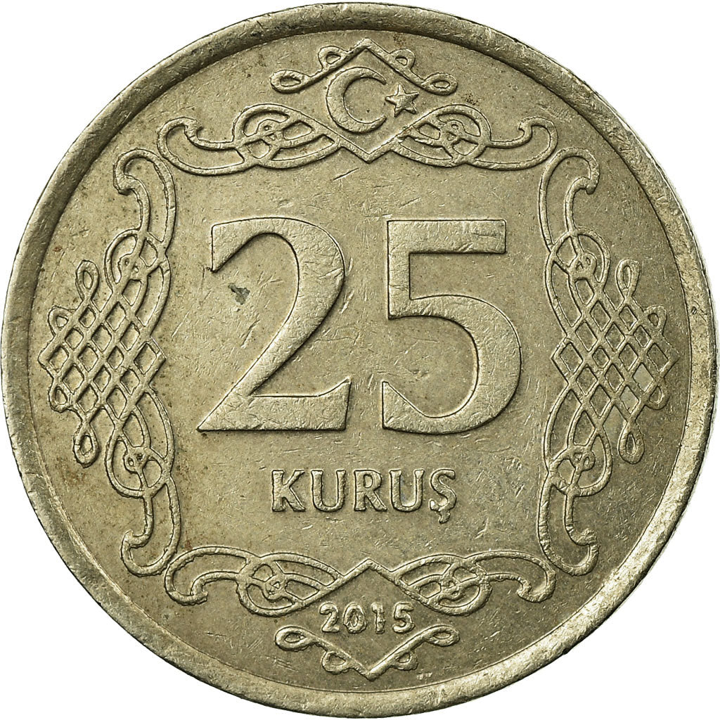Moeda, Turquia, 25 Kurus, 2015, EF(40-45), Cobre-níquel