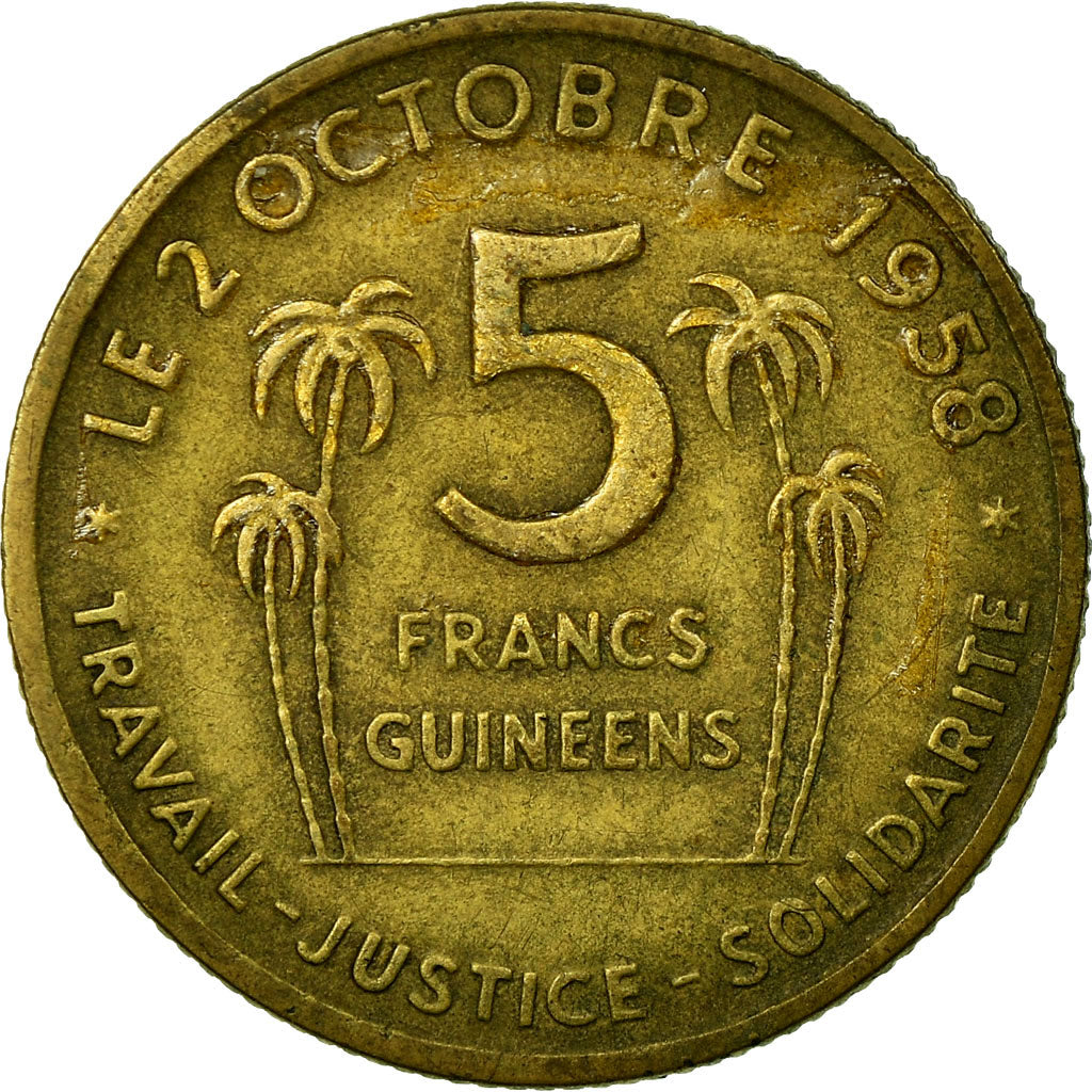 Coin, Guinea, 5 Francs, 1959, VF(30-35), Aluminum-Bronze, KM:1