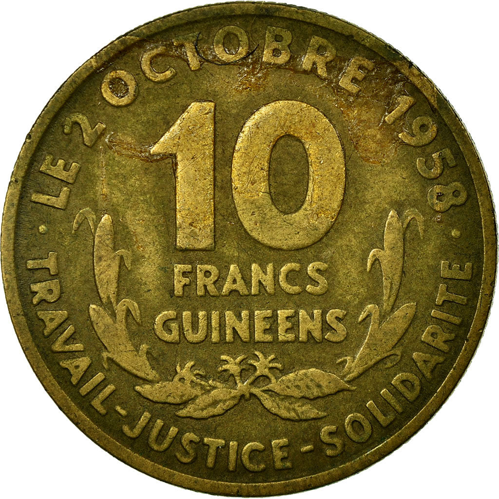 Coin, Guinea, 10 Francs, 1959, VF(30-35), Aluminum-Bronze, KM:2