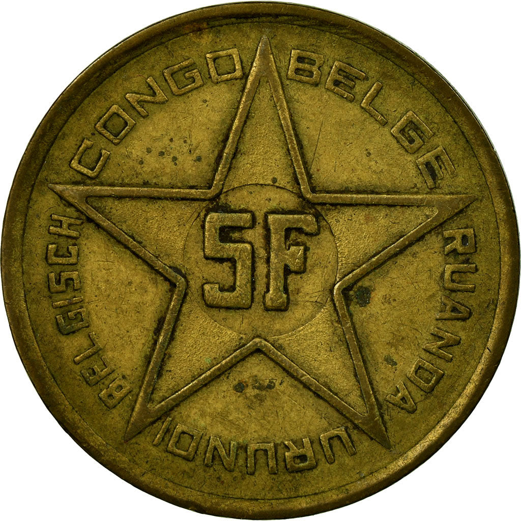 Coin, Belgian Congo, RUANDA-URUNDI, 5 Francs, 1952, VF(30-35), Brass, KM:1