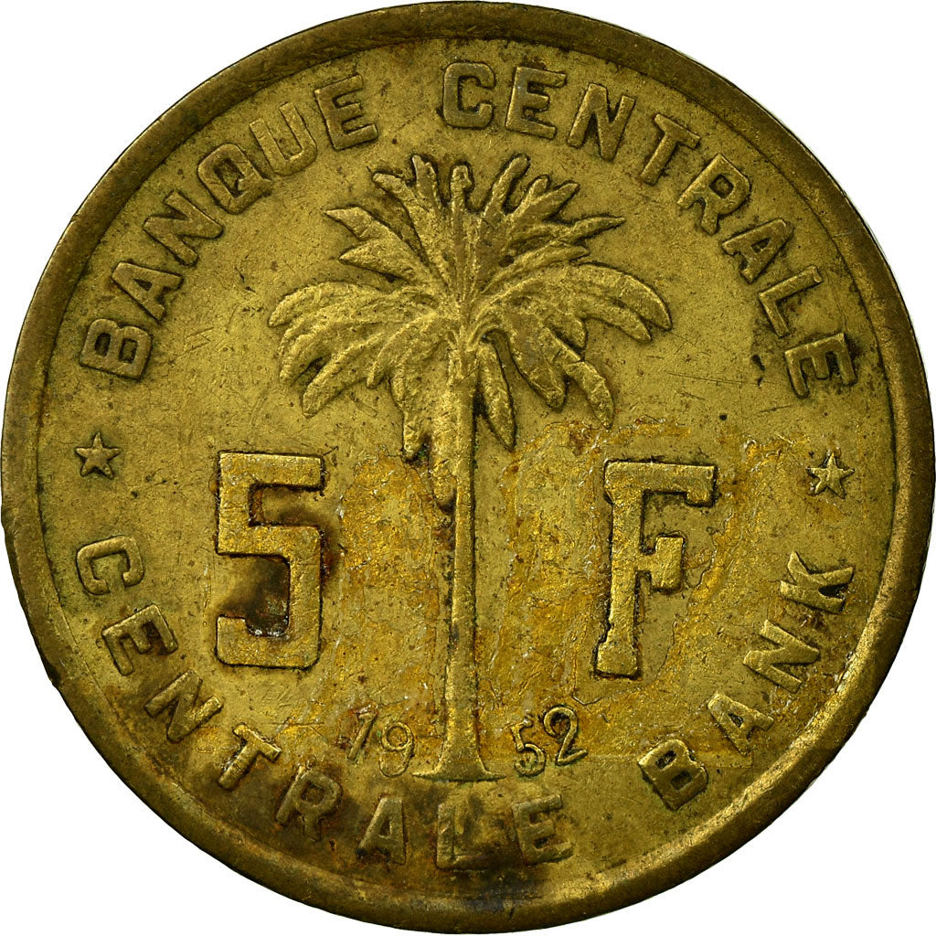 Coin, Belgian Congo, RUANDA-URUNDI, 5 Francs, 1952, VF(30-35), Brass, KM:1