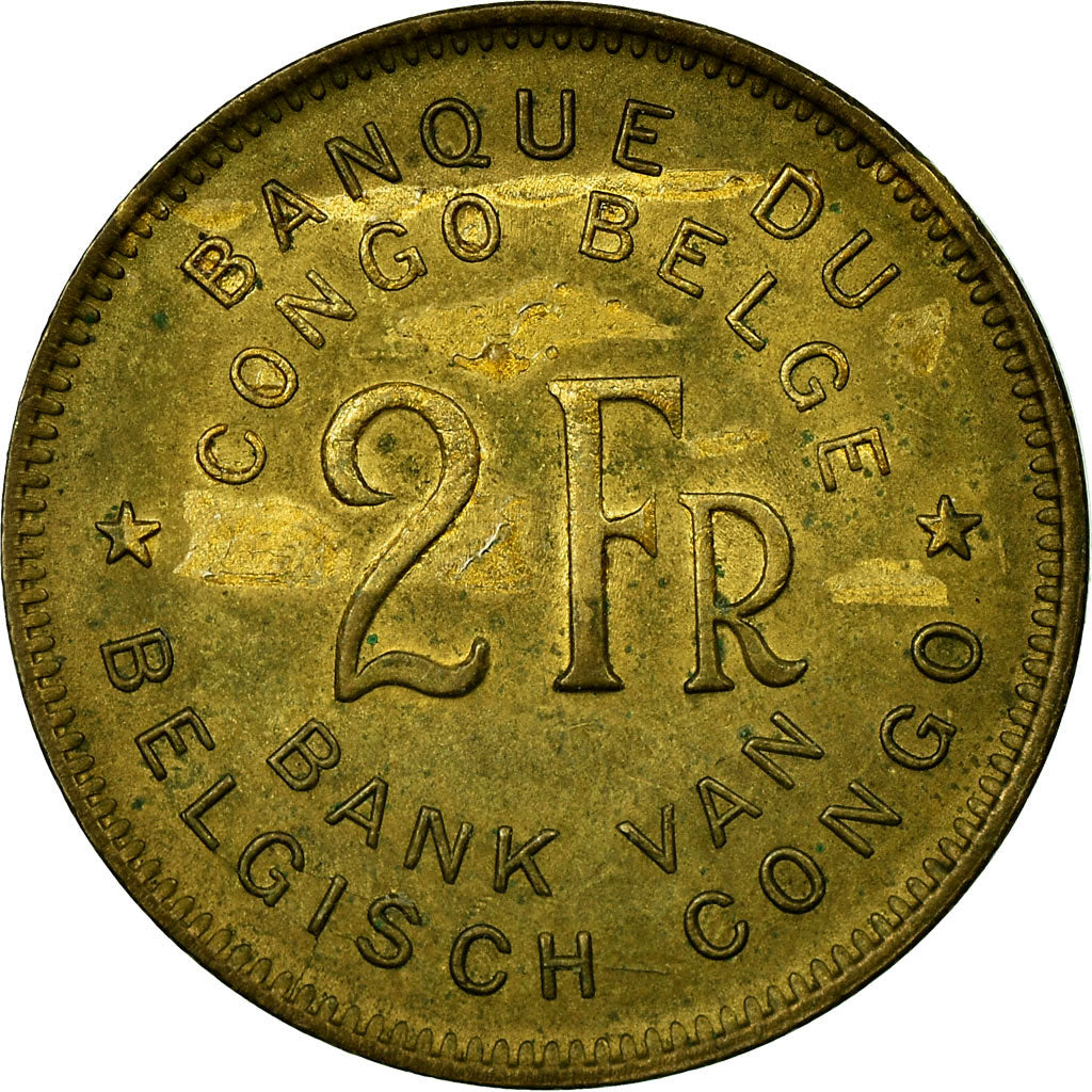 Coin, Belgian Congo, 2 Francs, 1947, VF(30-35), Brass, KM:28