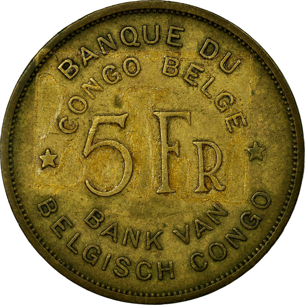 Coin, Belgian Congo, 5 Francs, 1947, EF(40-45), Brass, KM:29