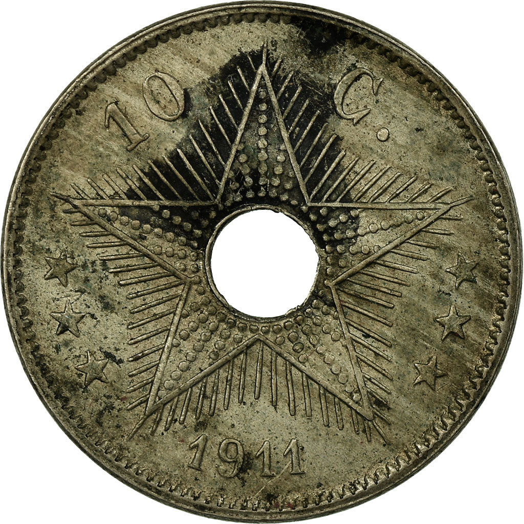 Coin, Belgian Congo, 10 Centimes, 1911, Heaton, EF(40-45), Copper-nickel, KM:18