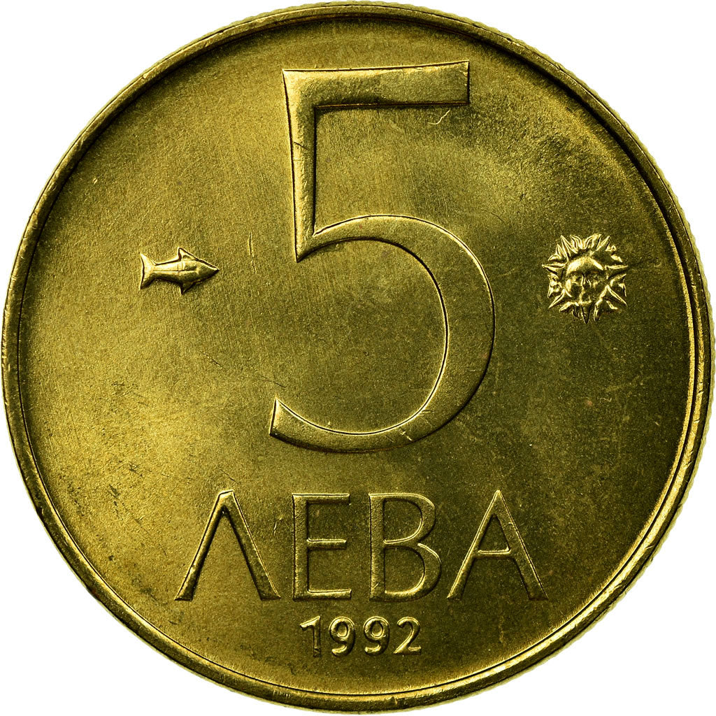 Moneta, Bulgaria, 5 Leva, 1992, AU(55-58), Mosiądz niklowy, KM:204