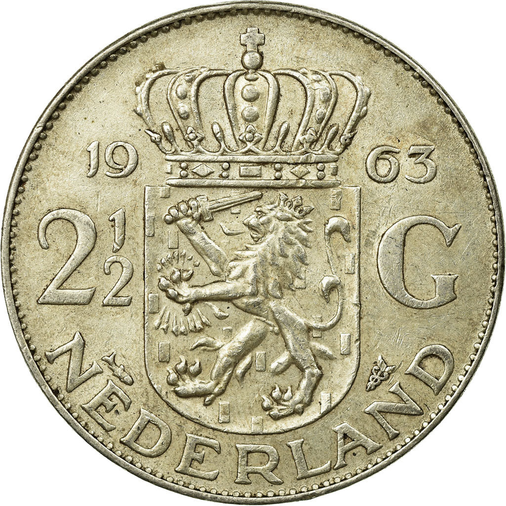 Coin, Netherlands, Juliana, 2-1/2 Gulden, 1963, EF(40-45), Silver, KM:185