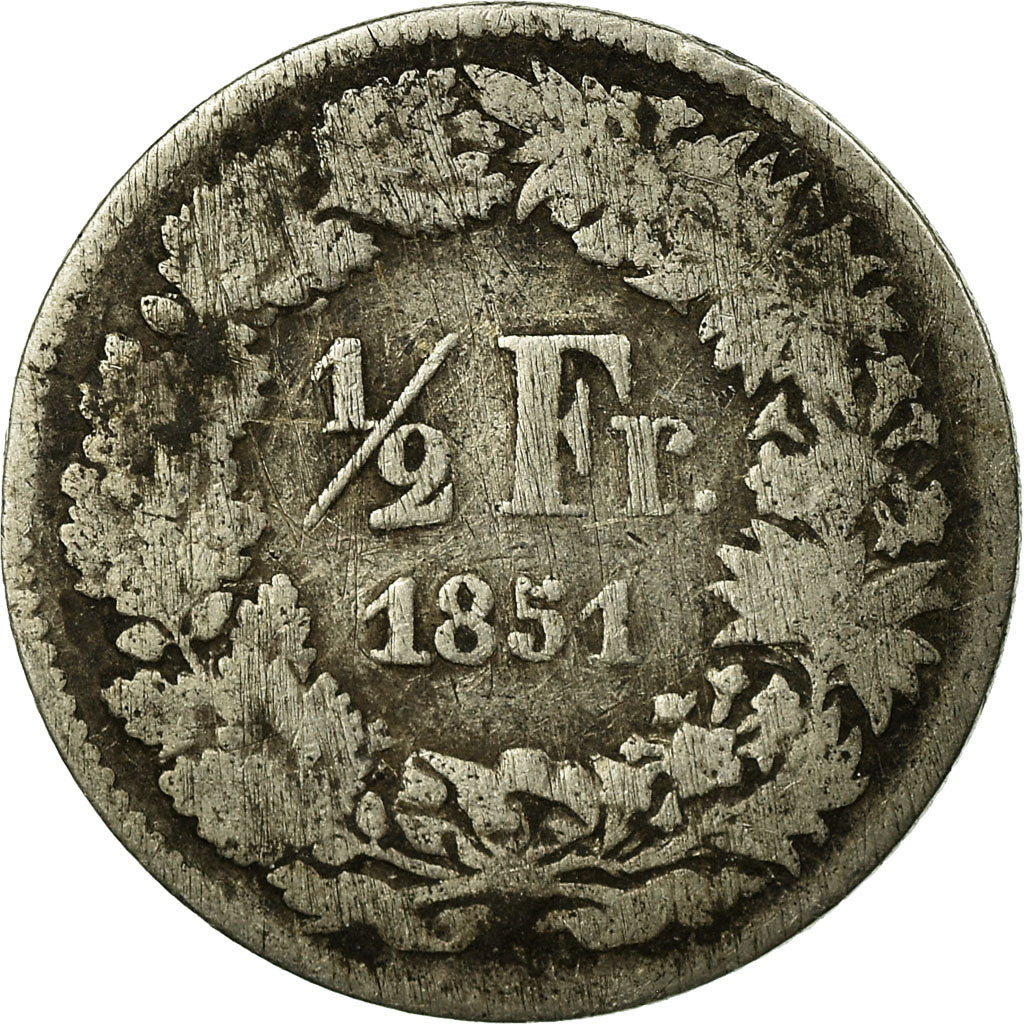 Coin, Switzerland, 1/2 Franc, 1851, VF(20-25), Silver, KM:8