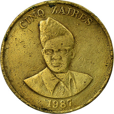 Moneda, Zaire, 5 Zaïres, 1987, BC+, Latón, KM:14