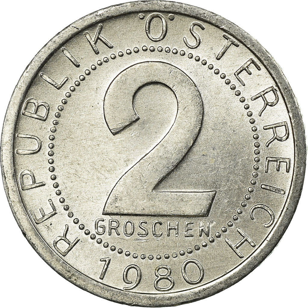 Moneta, Austria, 2 Groschen, 1980, BB, Alluminio, KM:2876
