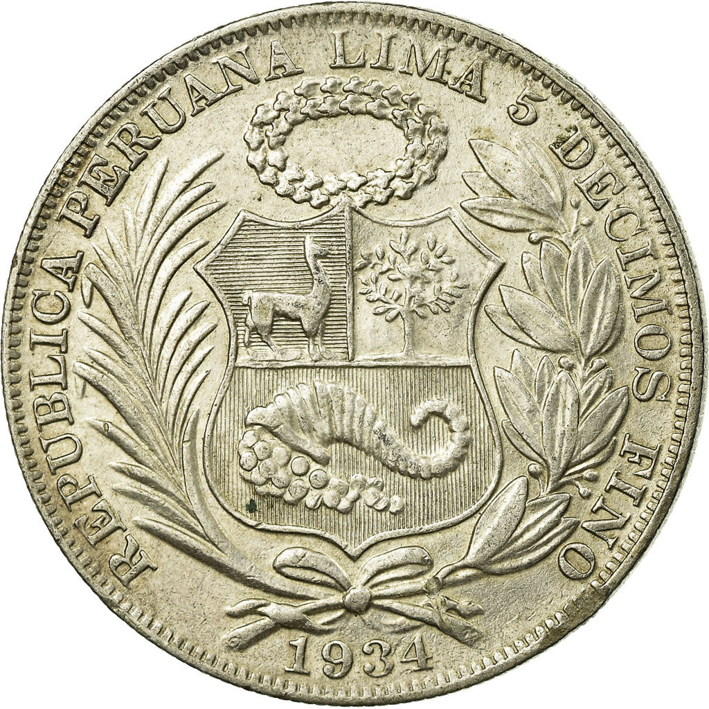 Moneda, Perú, Sol, 1934, Lima, MBC, Plata, KM:218.2