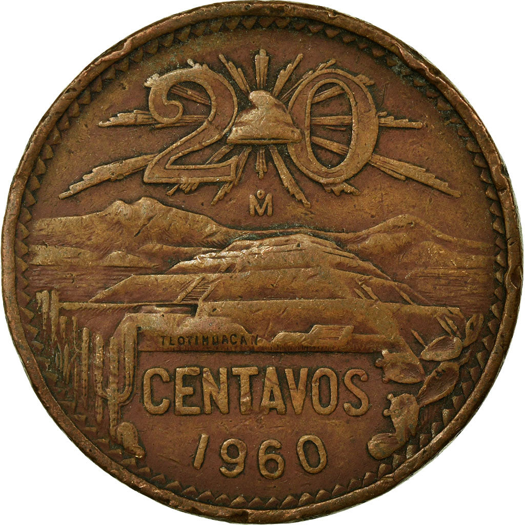 Moneda, México, 20 Centavos, 1960, Mexico City, MBC, Bronce, KM:440