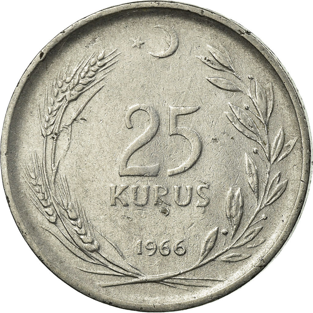 Moeda, Turquia, 25 Kurus, 1966, EF(40-45), Aço Inoxidável, KM:892.3