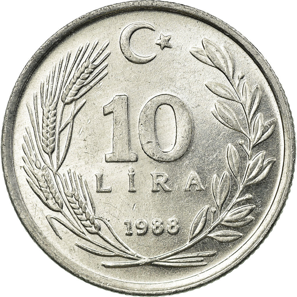 Moneda, Turquía, 10 Lira, 1988, MBC, Aluminio, KM:964