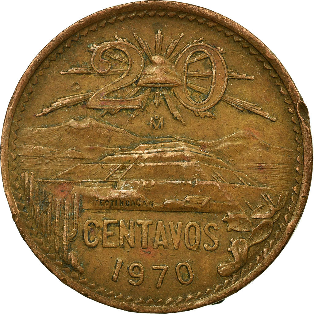 Moneta, Mexico, 20 Centavos, 1970, Mexico City, VF(30-35), Bronze, KM:440