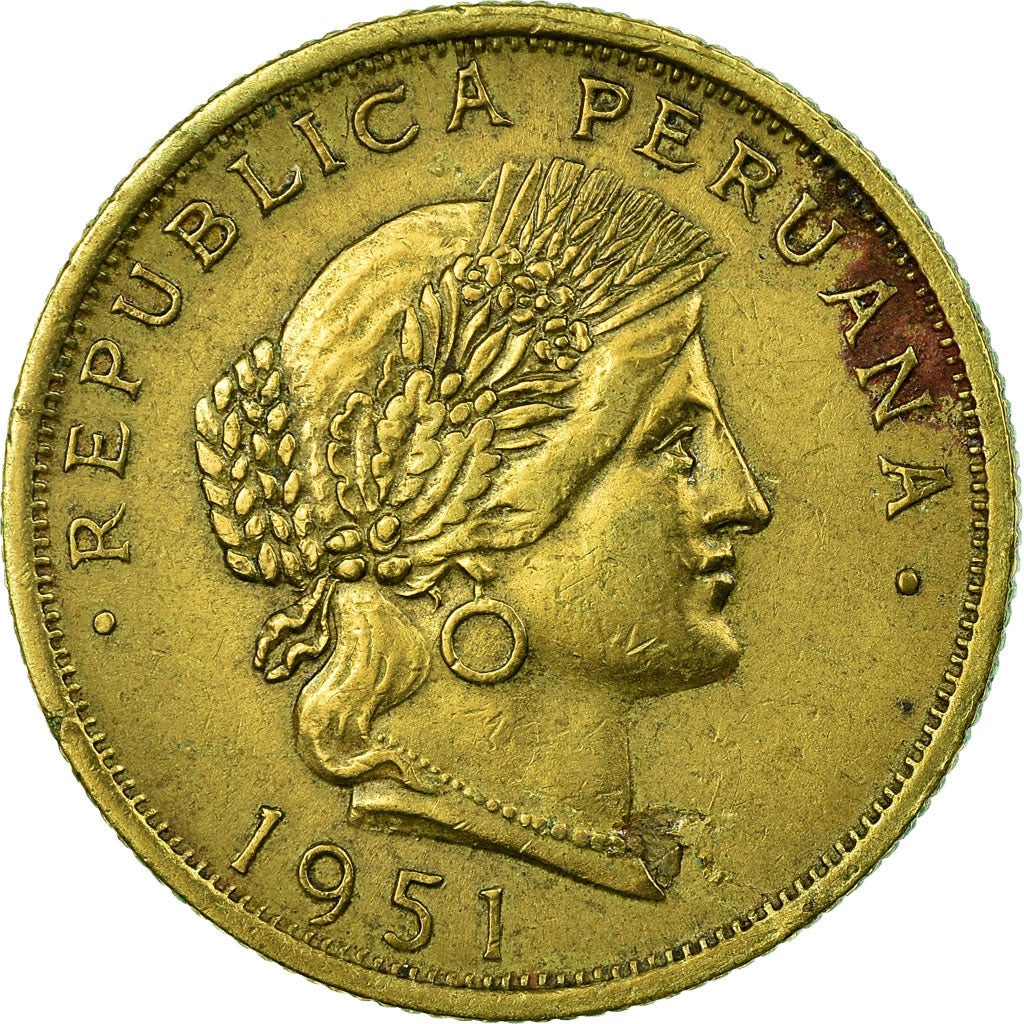 Moneda, Perú, 20 Centavos, 1951, MBC, Latón, KM:221.4