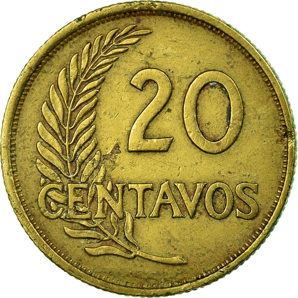 Moneda, Perú, 20 Centavos, 1951, MBC, Latón, KM:221.4