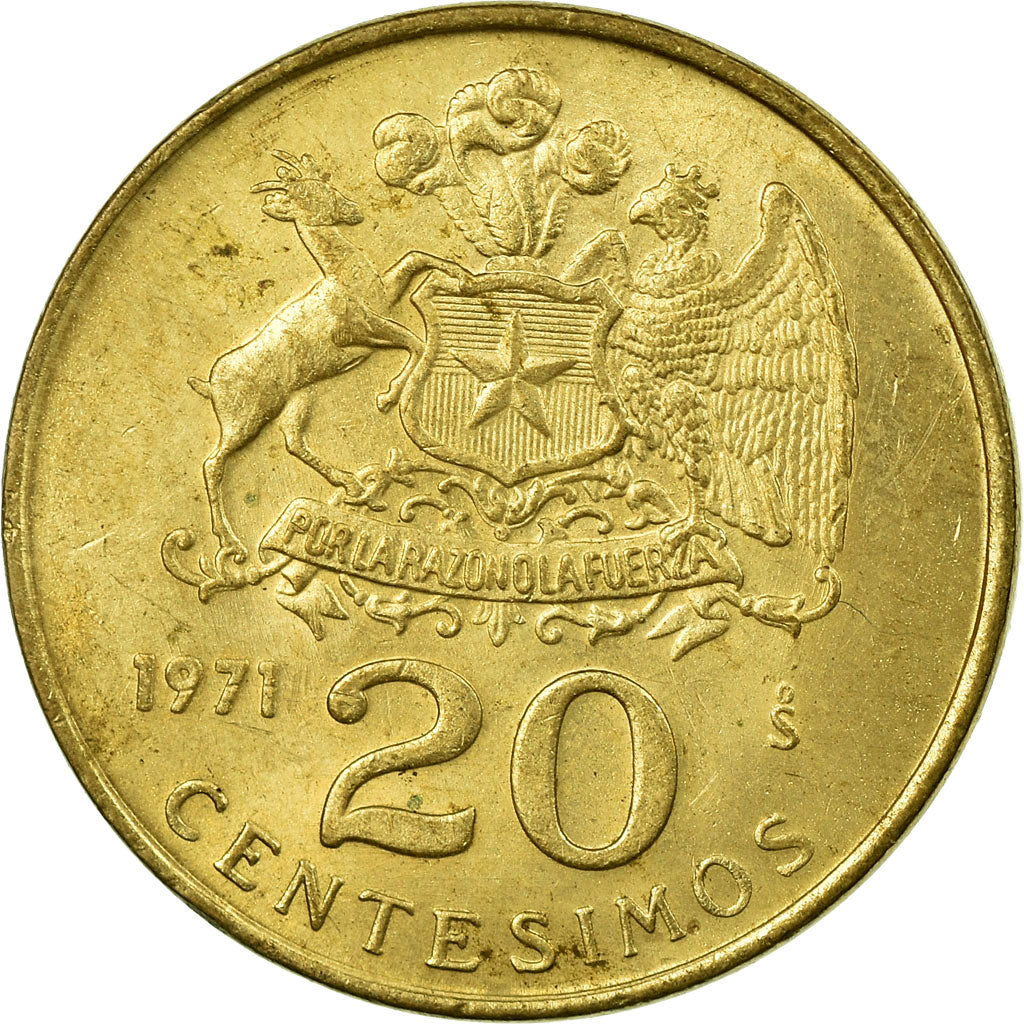 Moeda, Chile, 20 Centesimos, 1971, EF(40-45), Alumínio-Bronze, KM:195
