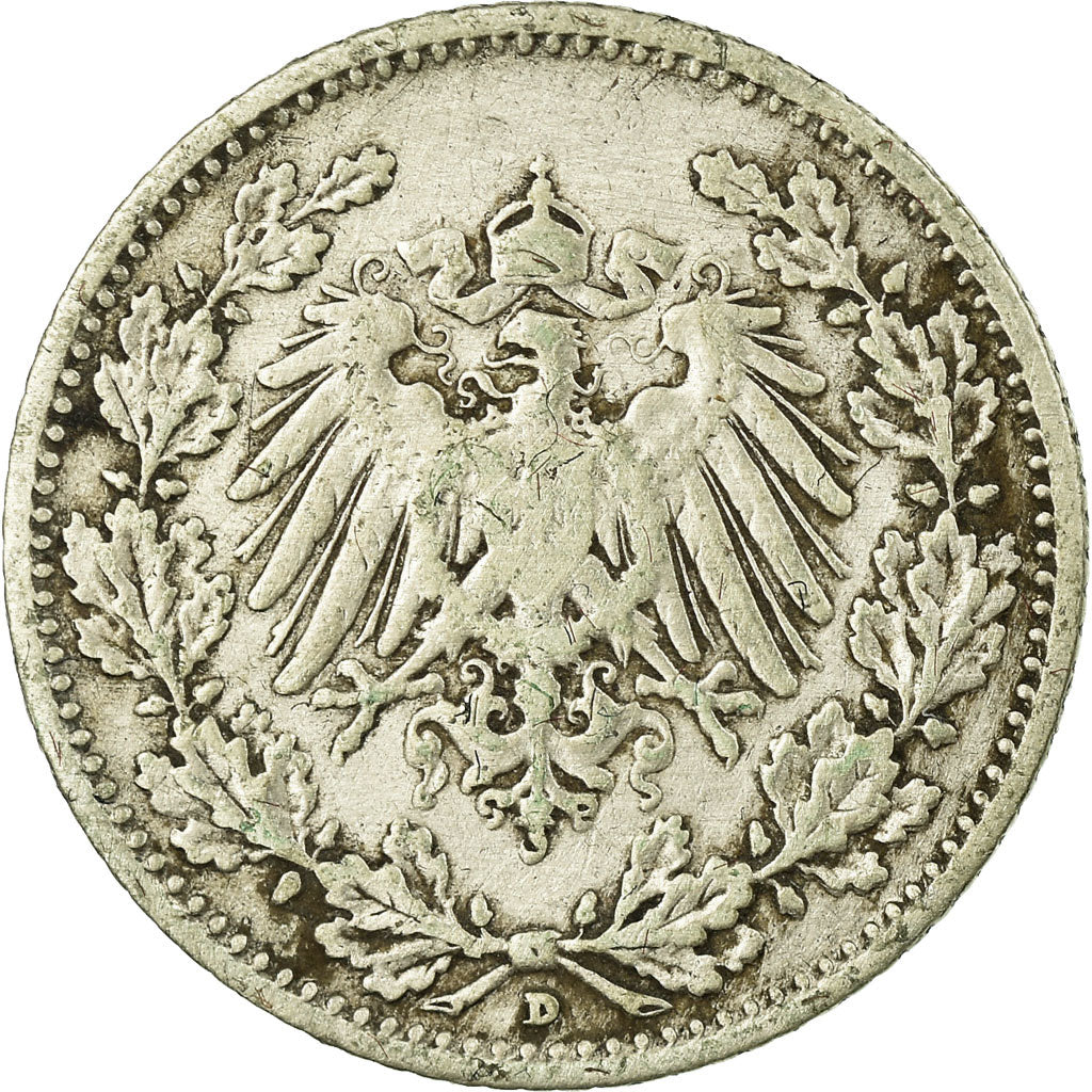 Coin, GERMANY - EMPIRE, 1/2 Mark, 1907, Munich, VF(20-25), Silver, KM:17