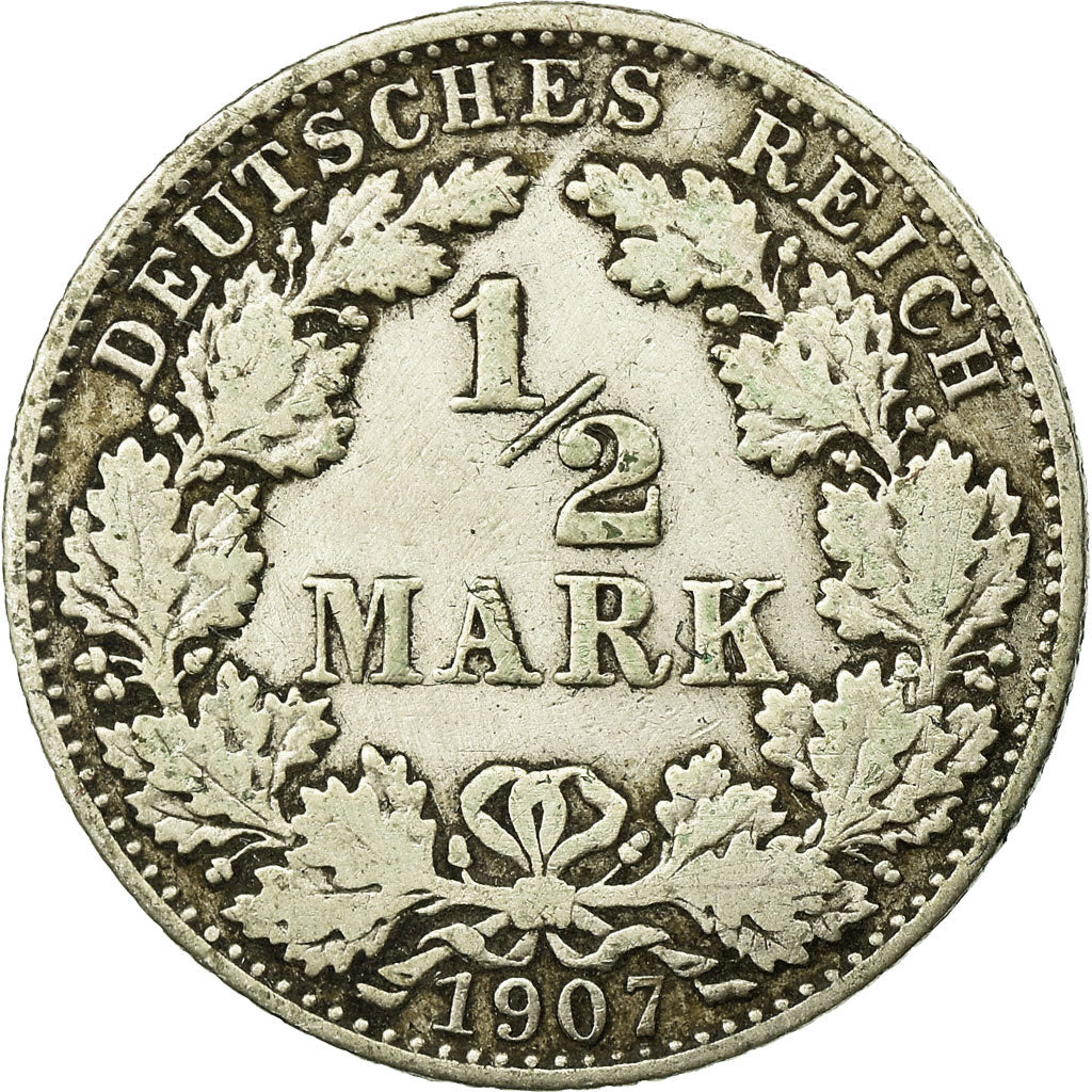 Coin, GERMANY - EMPIRE, 1/2 Mark, 1907, Munich, VF(20-25), Silver, KM:17