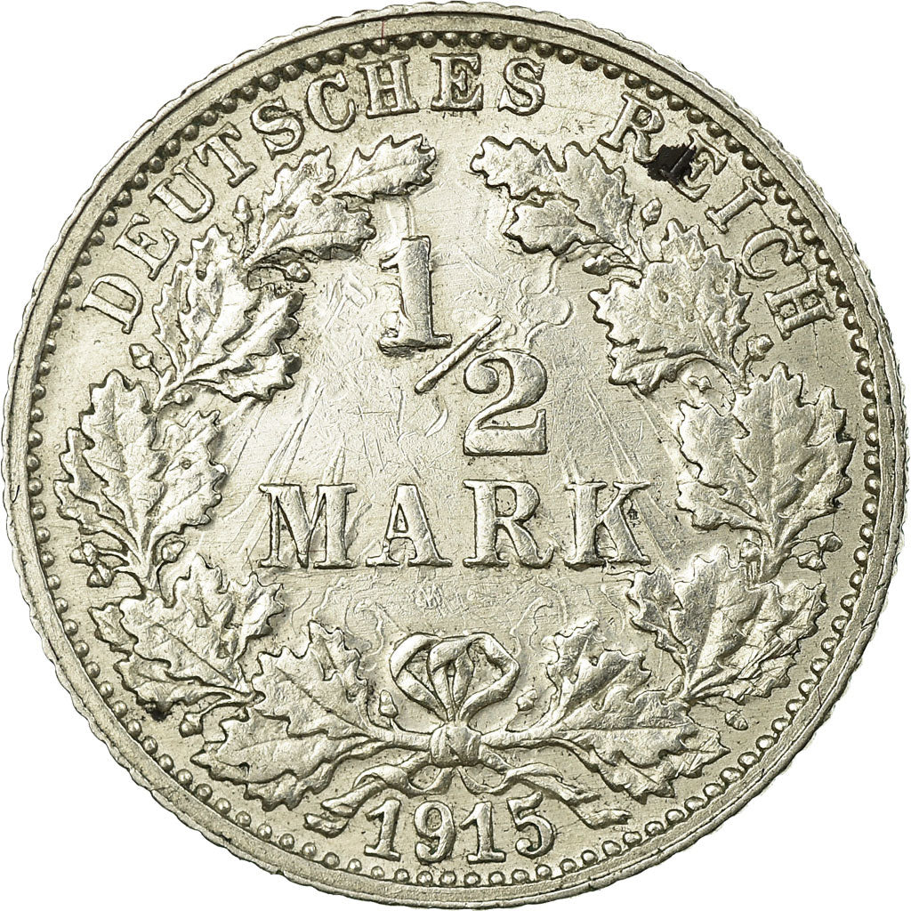 Coin, GERMANY - EMPIRE, 1/2 Mark, 1915, Stuttgart, VF(20-25), Silver, KM:17