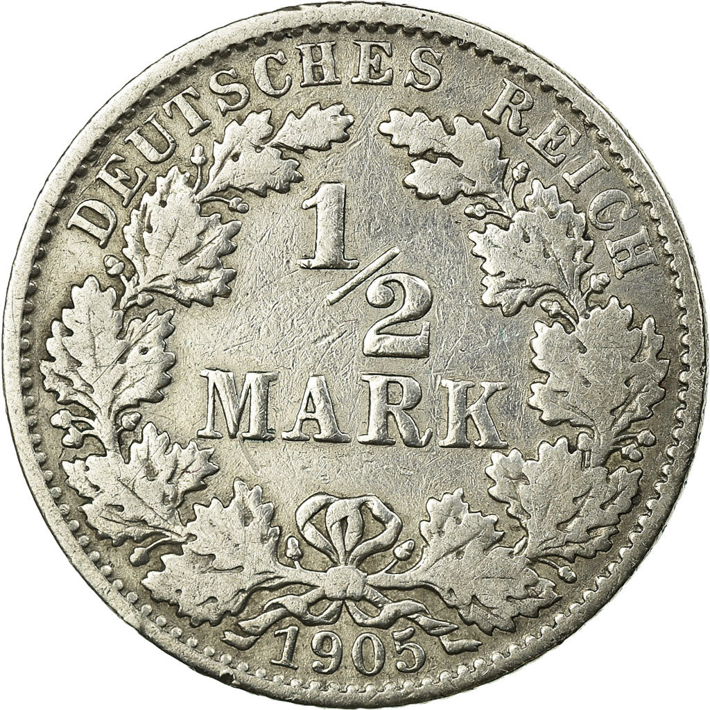 Coin, GERMANY - EMPIRE, 1/2 Mark, 1905, Muldenhütten, VF(20-25), Silver, KM:17