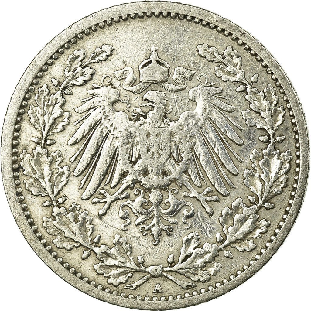 Moeda, ALEMANHA - IMPÉRIO, 1/2 Mark, 1908, Berlin, VF(20-25), Prata, KM:17