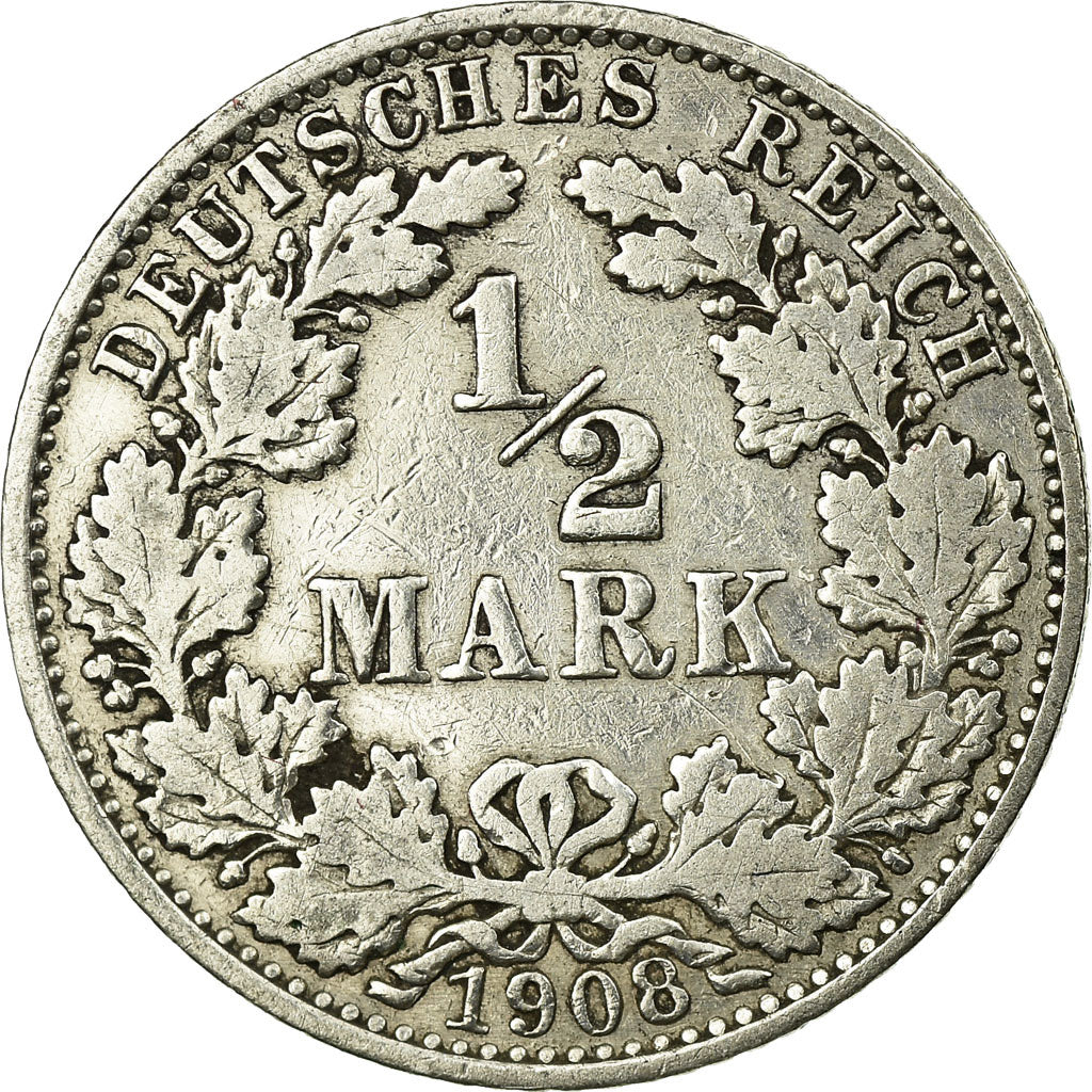 Moeda, ALEMANHA - IMPÉRIO, 1/2 Mark, 1908, Berlin, VF(20-25), Prata, KM:17