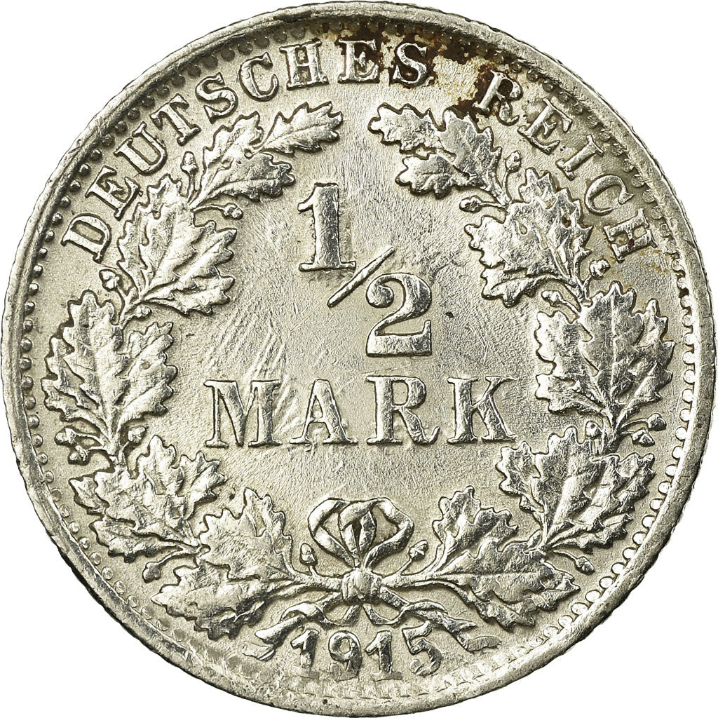 Coin, GERMANY - EMPIRE, 1/2 Mark, 1915, Stuttgart, EF(40-45), Silver, KM:17