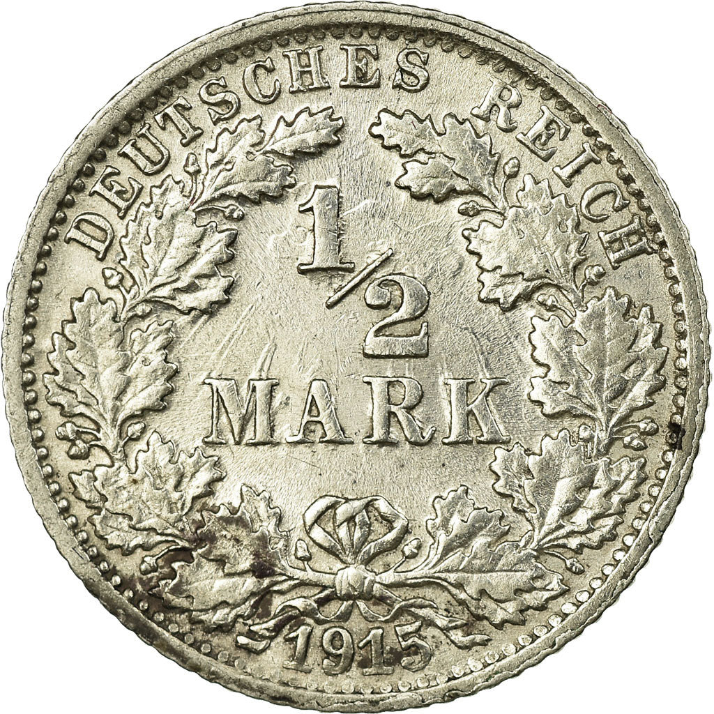 Moneta, NIEMCY - IMPERIUM, 1/2 Mark, 1915, Stuttgart, EF(40-45), Srebro, KM:17