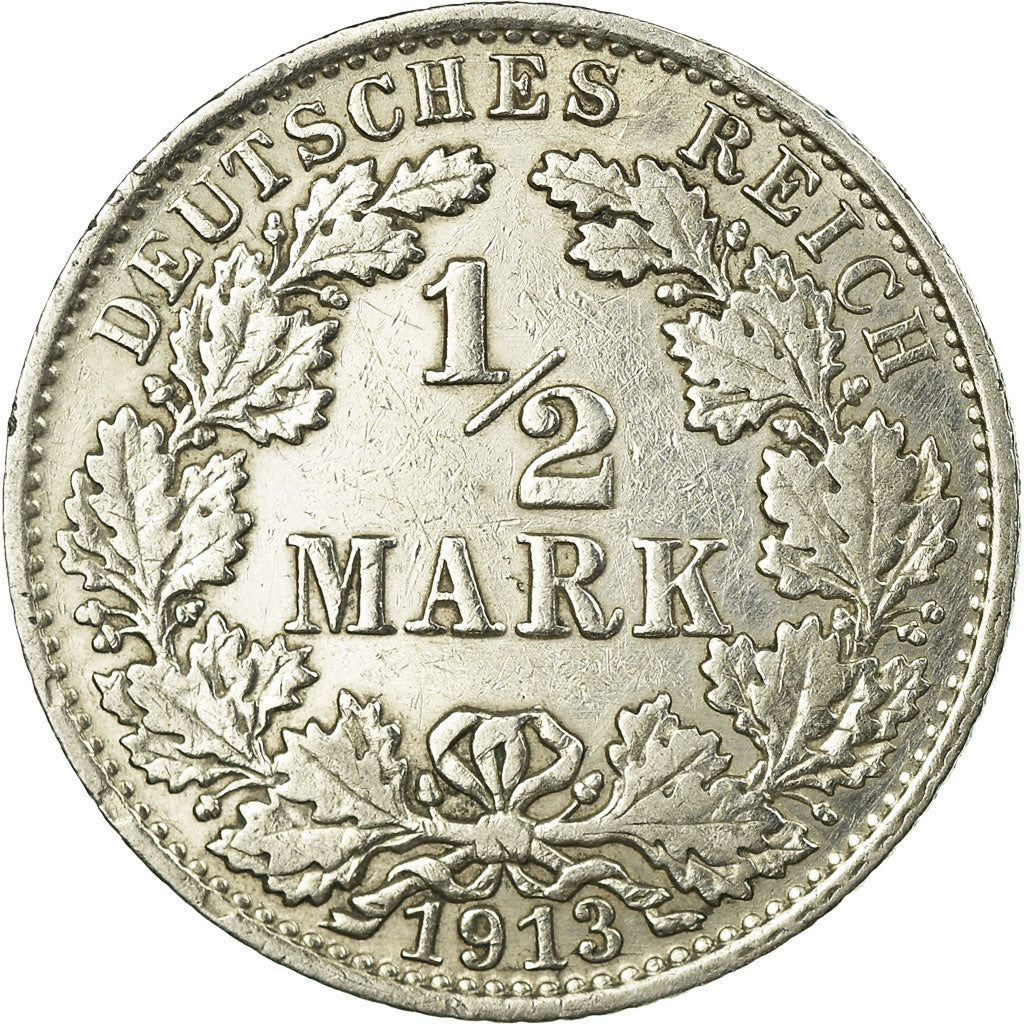 Coin, GERMANY - EMPIRE, 1/2 Mark, 1913, Berlin, EF(40-45), Silver, KM:17