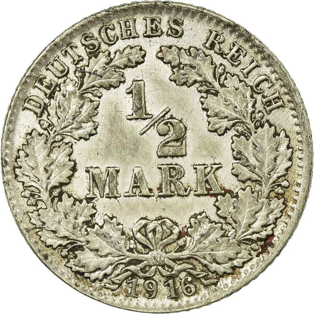 Coin, GERMANY - EMPIRE, 1/2 Mark, 1916, Munich, EF(40-45), Silver, KM:17
