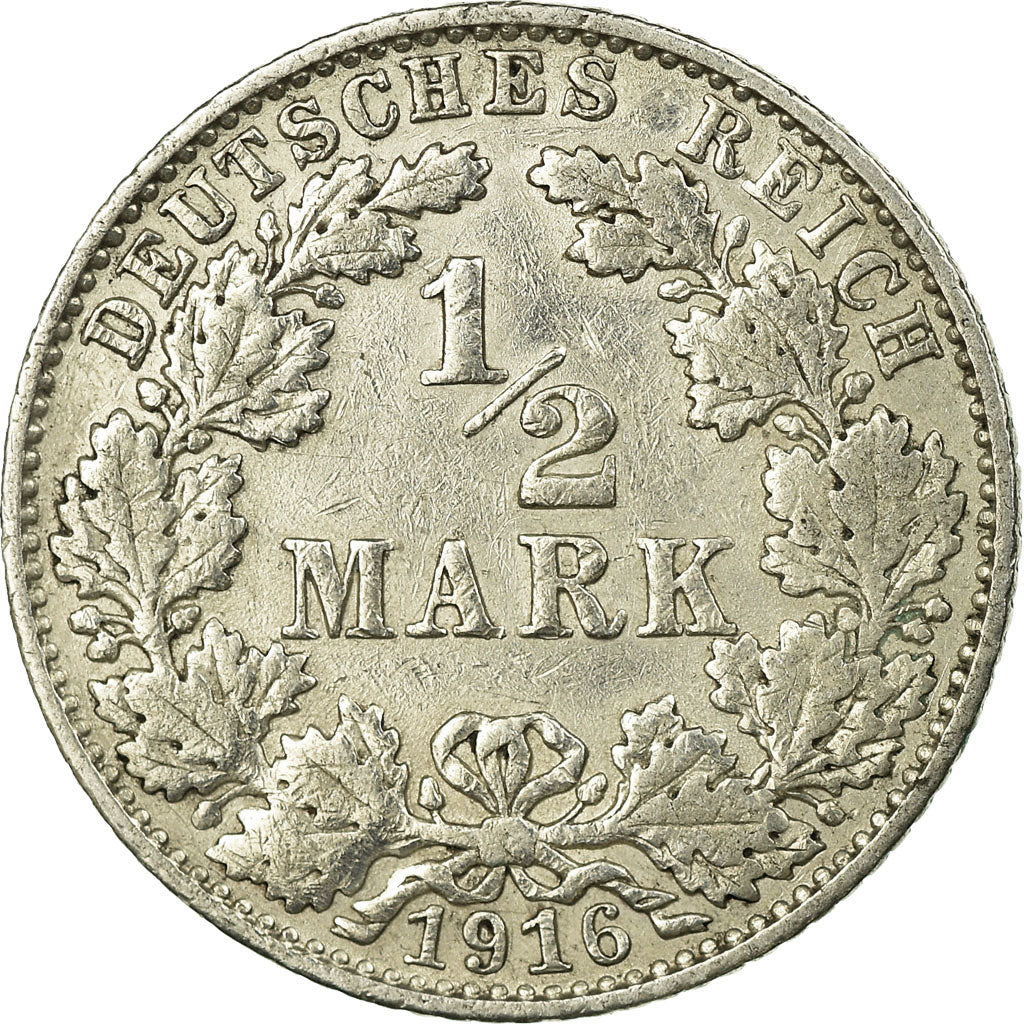 Coin, GERMANY - EMPIRE, 1/2 Mark, 1916, Muldenhütten, EF(40-45), Silver, KM:17