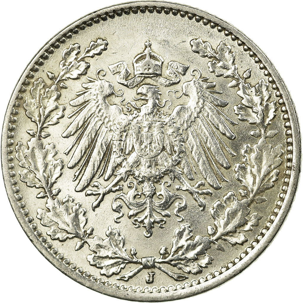 Coin, GERMANY - EMPIRE, 1/2 Mark, 1916, Hambourg, EF(40-45), Silver, KM:17