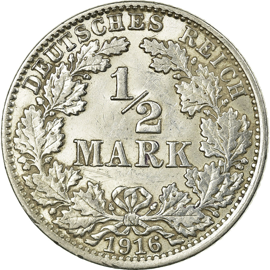 Coin, GERMANY - EMPIRE, 1/2 Mark, 1916, Hambourg, EF(40-45), Silver, KM:17