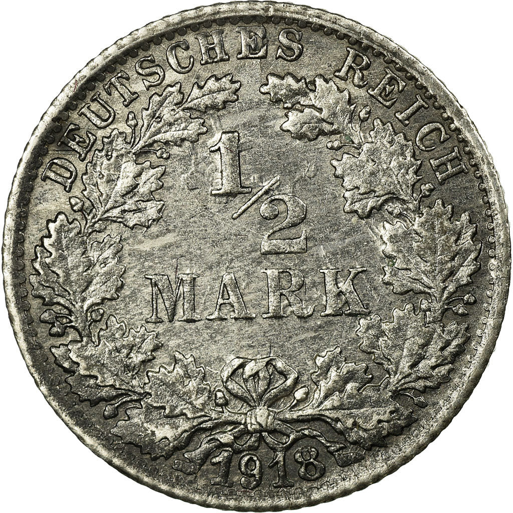 Moneta, GERMANIA - IMPERO, 1/2 Mark, 1918, Stuttgart, MB+, Argento, KM:17