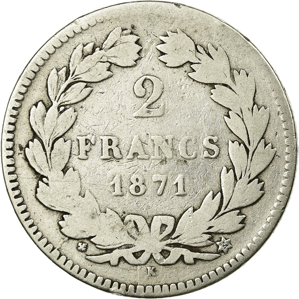 Moneta, Francia, Cérès, 2 Francs, 1871, Bordeaux, B+, Argento, KM:816.2