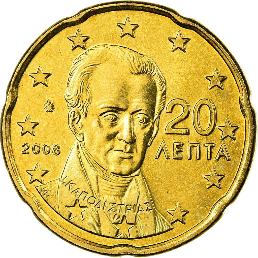 Grécia, 20 Euro Cent, 2008, MS(63), Latão, KM:212