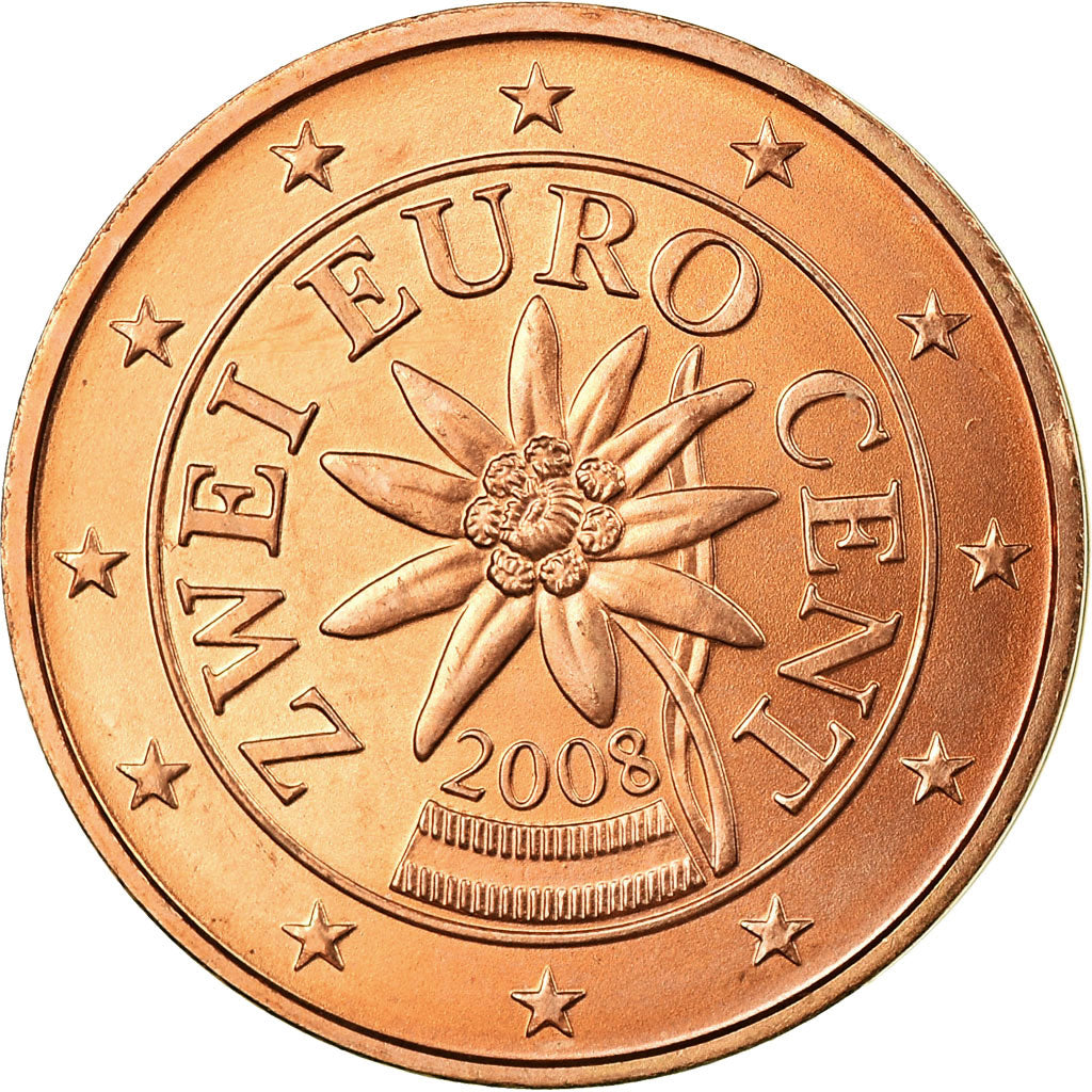 Áustria, 2 Euro Cent, 2008, MS(63), Aço Cromado a Cobre, KM:3083