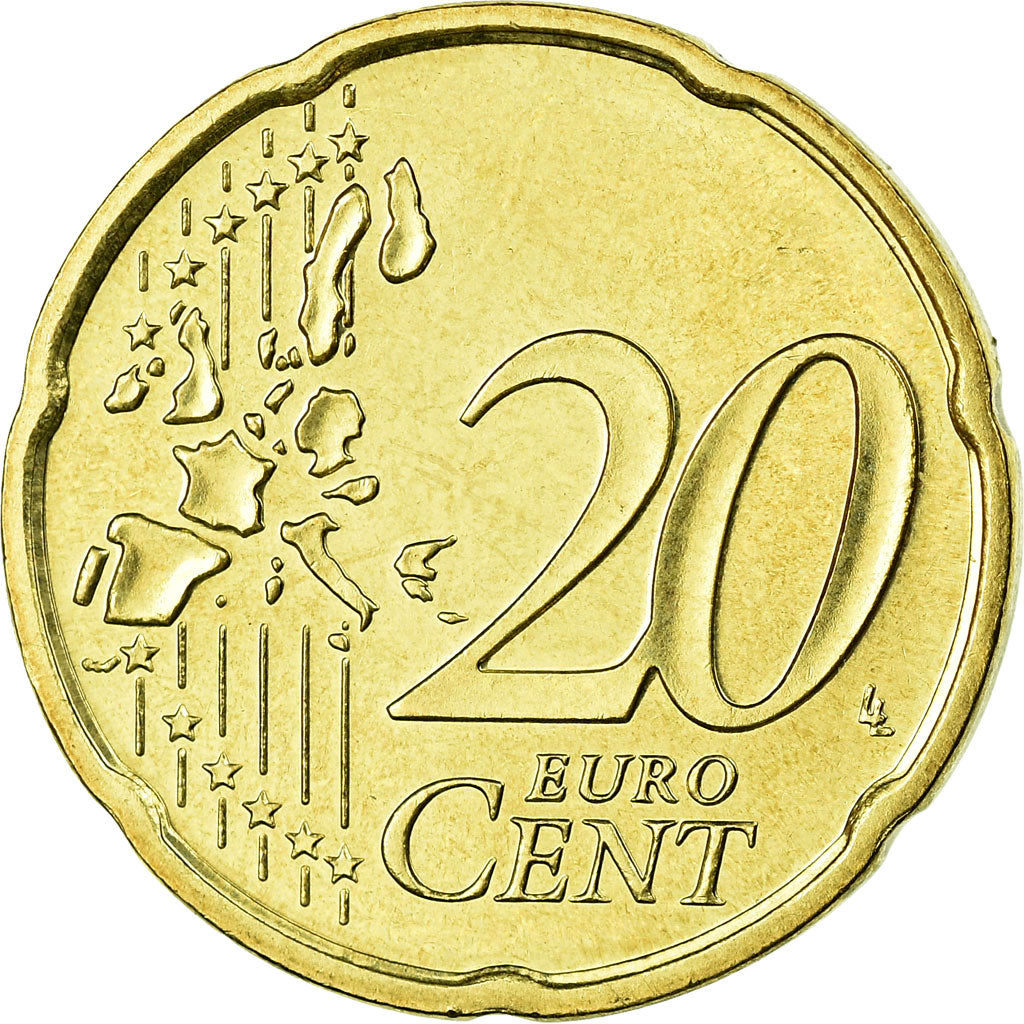 GERMANY - FEDERAL REPUBLIC, 20 Euro Cent, 2002, MS(63), Brass, KM:211