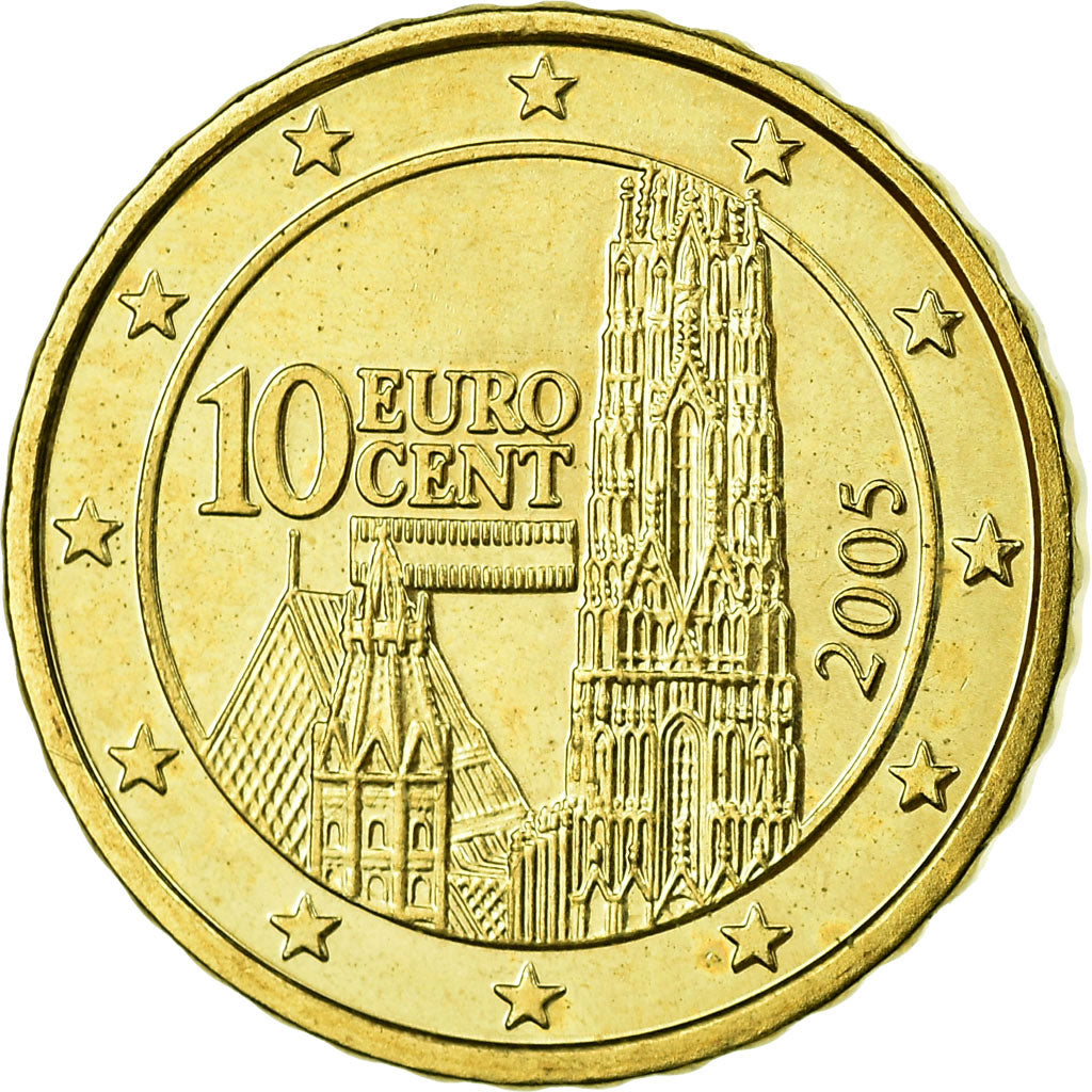 Áustria, 10 Euro Cent, 2005, MS(63), Latão, KM:3085