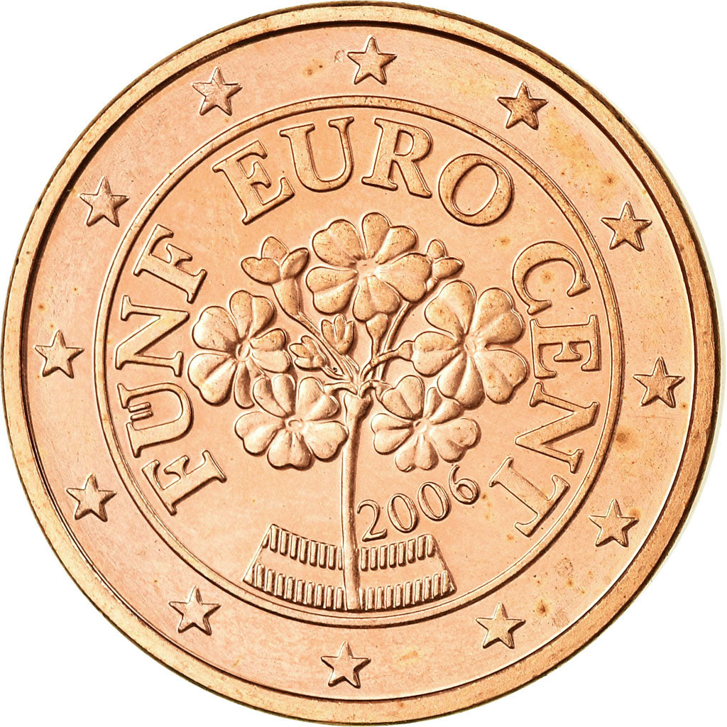 Áustria, 5 Euro Cent, 2006, MS(63), Aço Cromado a Cobre, KM:3084