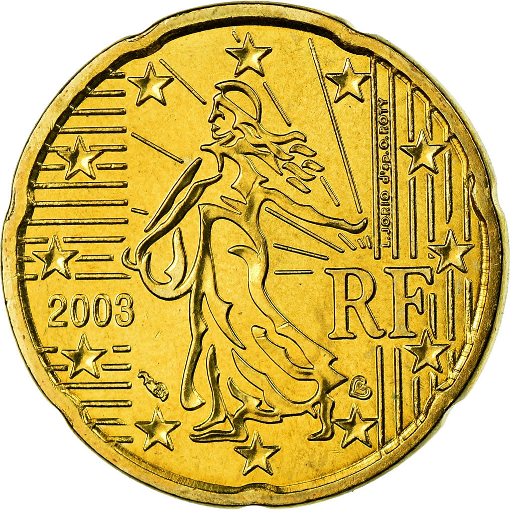 France, 20 Euro Cent, 2003, MS(63), Brass, KM:1286