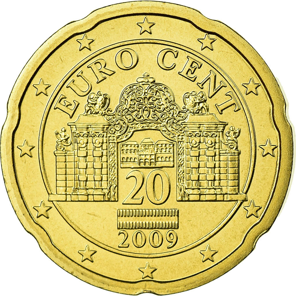 Áustria, 20 Euro Cent, 2009, MS(63), Latão, KM:3140