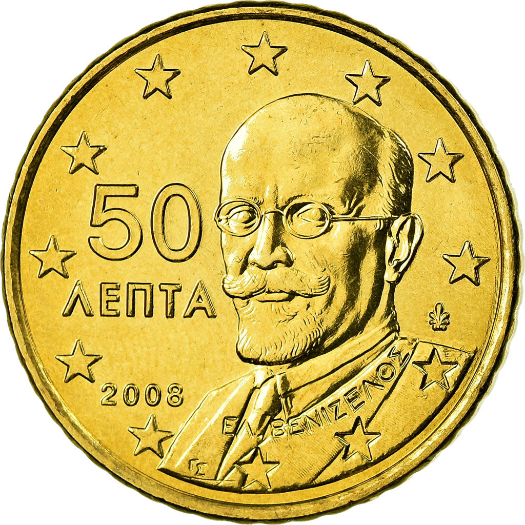 Grecja, 50 Euro Cent, 2008, Athens, MS(65-70), Mosiądz, KM:213
