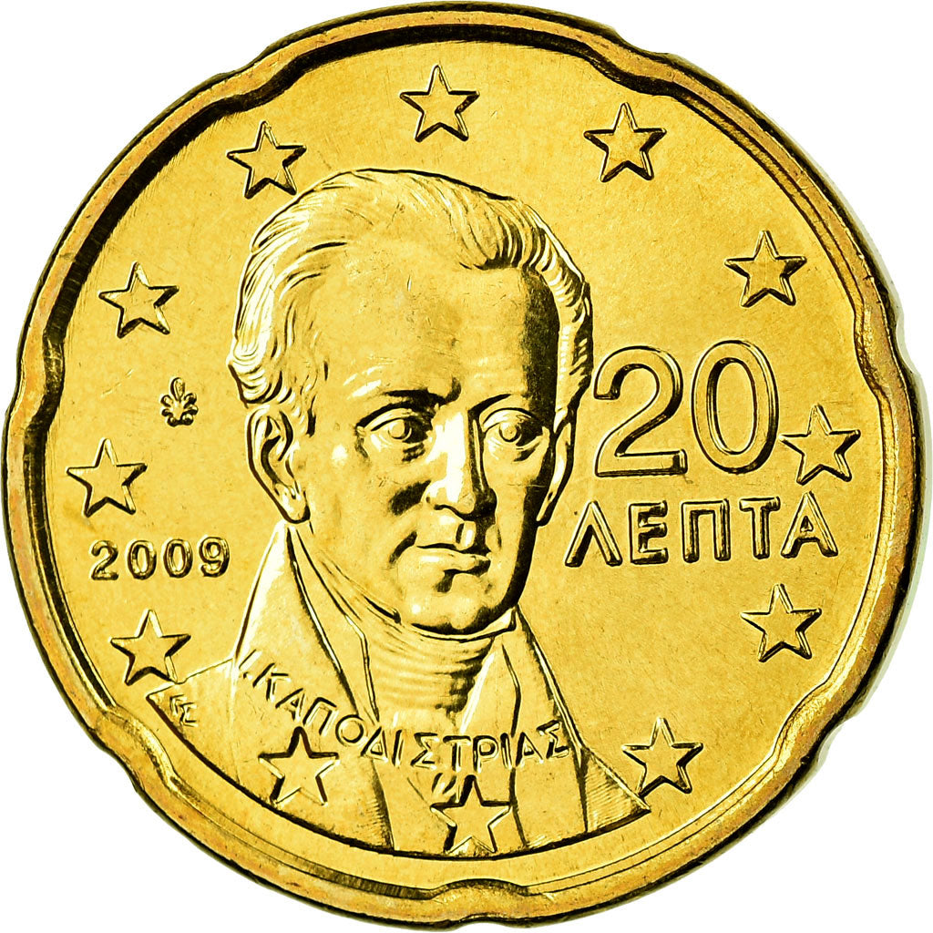 Grecja, 20 Euro Cent, 2009, Athens, MS(63), Mosiądz, KM:212