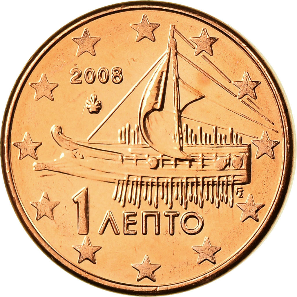Grécia, Euro Cent, 2008, MS(63), Aço Cromado a Cobre, KM:181