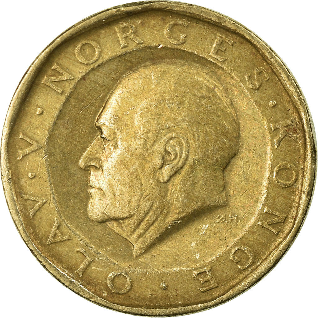 Moeda, Noruega, Olav V, 10 Kroner, 1985, EF(40-45), Níquel-Latão, KM:427
