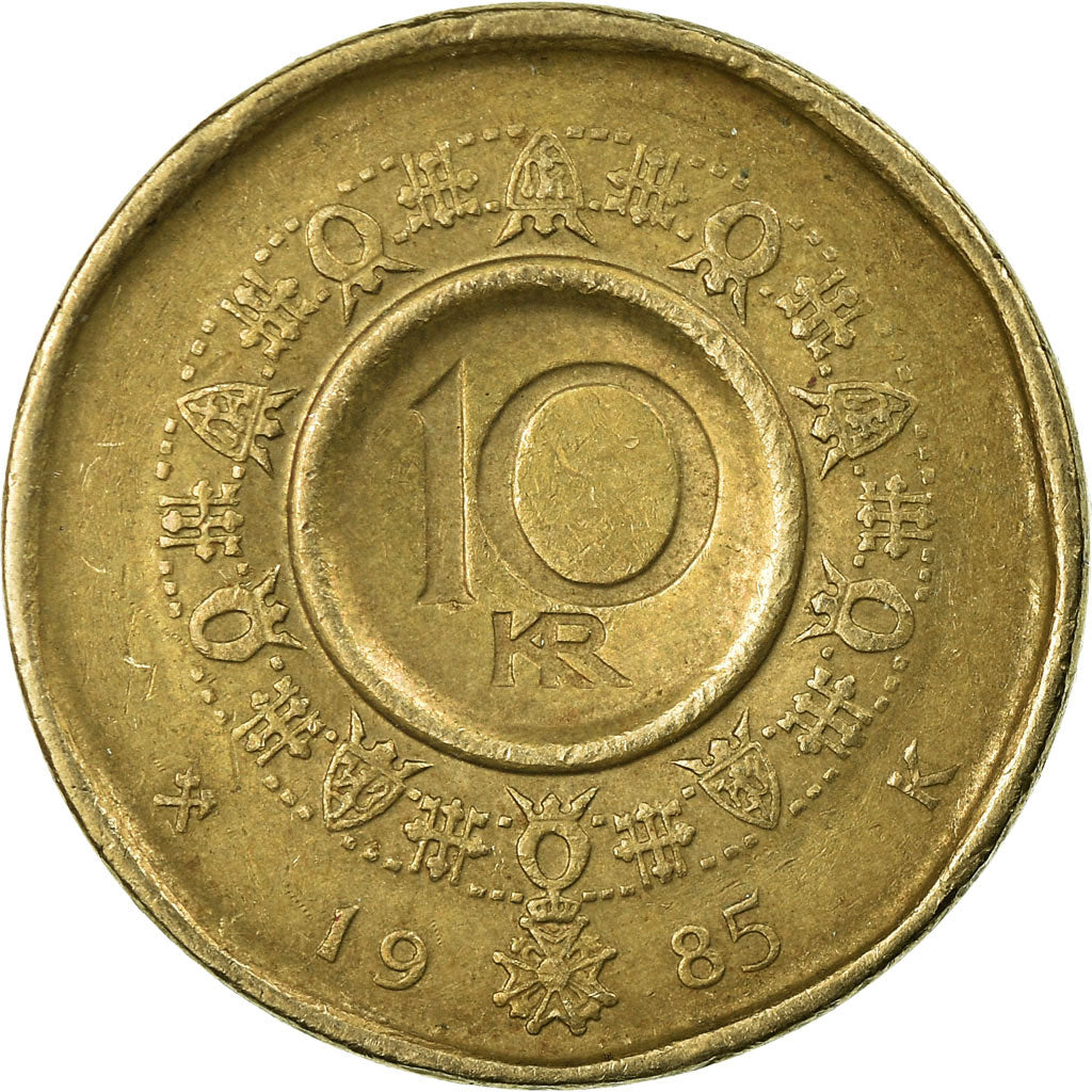 Moeda, Noruega, Olav V, 10 Kroner, 1985, EF(40-45), Níquel-Latão, KM:427